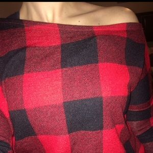 Boutique Plaid Top off shoulder
